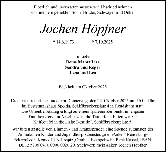 Traueranzeige von Jochen Höpfner von Schleswig-Holsteinische Landeszeitung