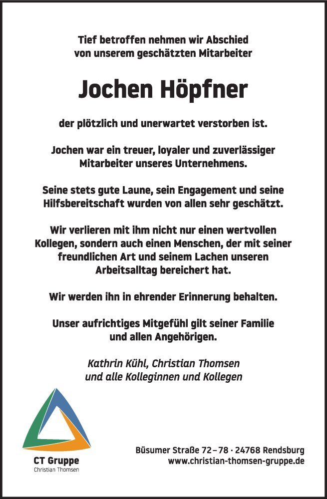  Traueranzeige für Jochen Höpfner vom 18.10.2025 aus Schleswig-Holsteinische Landeszeitung