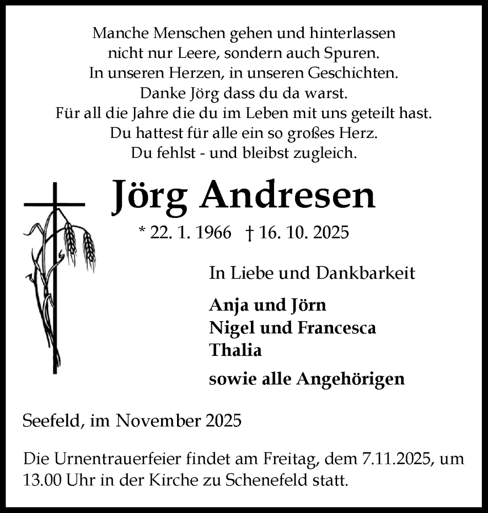  Traueranzeige für Jörg Andresen vom 01.11.2025 aus Schleswig-Holsteinische Landeszeitung
