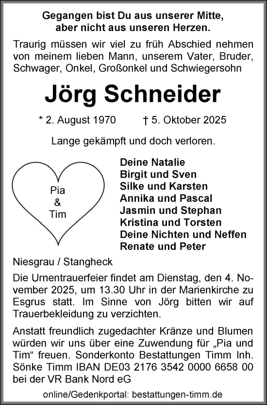 Traueranzeige von Jörg Schneider von Flensburger Tageblatt