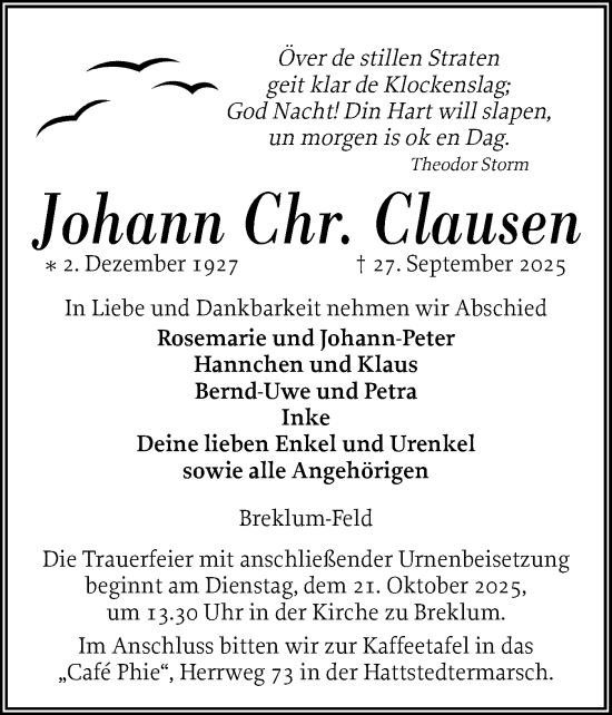 Traueranzeige von Johann  Clausen von Husumer Nachrichten, Nordfriesland Tageblatt