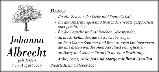 Traueranzeige von Johanna Albrecht von Husumer Nachrichten, Nordfriesland Tageblatt