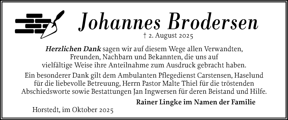  Traueranzeige für Johannes Brodersen vom 25.10.2025 aus Husumer Nachrichten, Nordfriesland Tageblatt