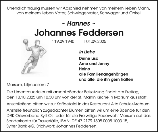 Traueranzeige von Johannes Feddersen von Husumer Nachrichten, Nordfriesland Tageblatt