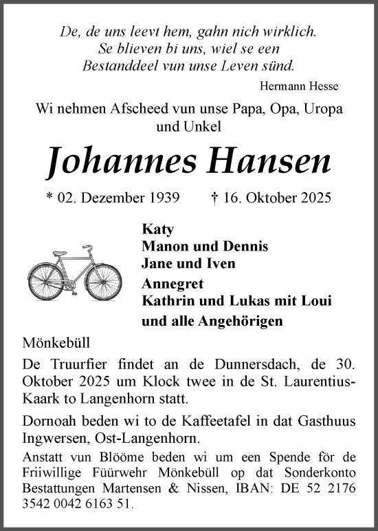 Traueranzeige von Johannes Hansen von Husumer Nachrichten, Nordfriesland Tageblatt