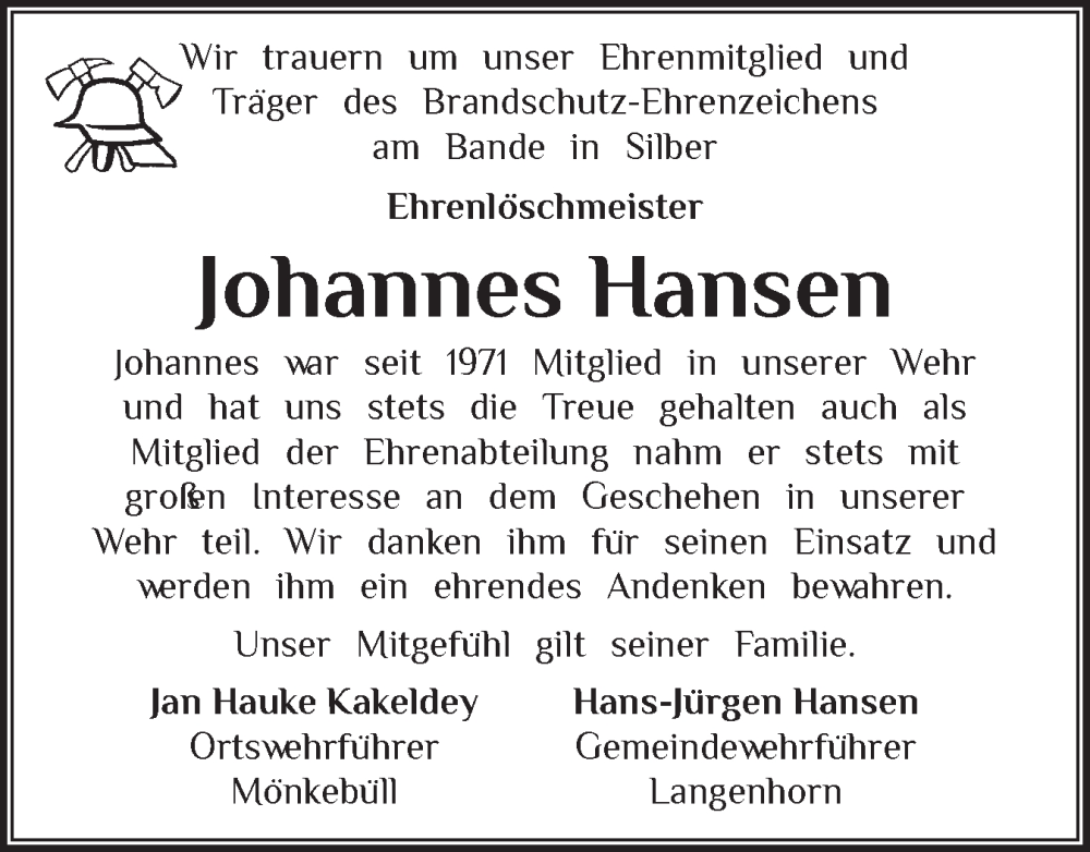  Traueranzeige für Johannes Hansen vom 22.10.2025 aus Husumer Nachrichten, Nordfriesland Tageblatt