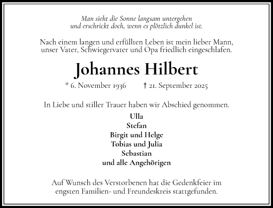 Traueranzeige von Johannes Hilbert von Wedel-Schulauer Tageblatt, tip Wedel-Schulauer Tageblatt, tip Rissener Rundschau