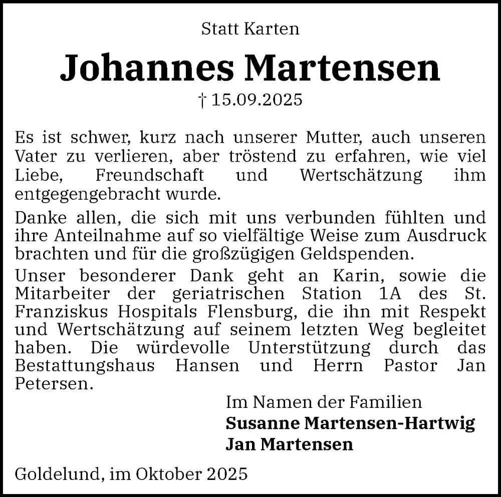  Traueranzeige für Johannes Martensen vom 25.10.2025 aus Region Flensburg