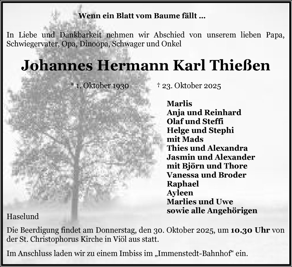  Traueranzeige für Johannes Hermann Karl Thießen vom 27.10.2025 aus Husumer Nachrichten, Nordfriesland Tageblatt