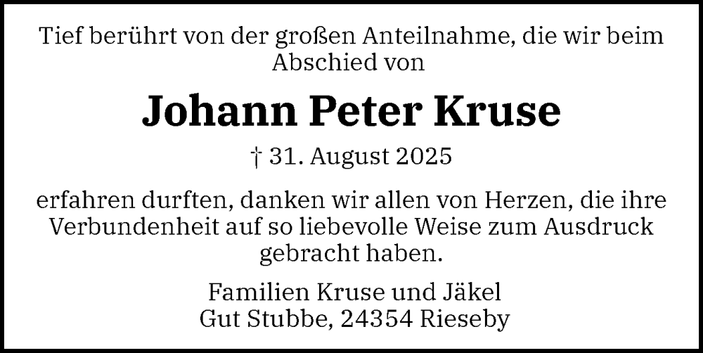  Traueranzeige für Johann Peter Kruse vom 14.10.2025 aus Schleswiger Nachrichten, Schlei-Bote, Eckernförder Zeitung