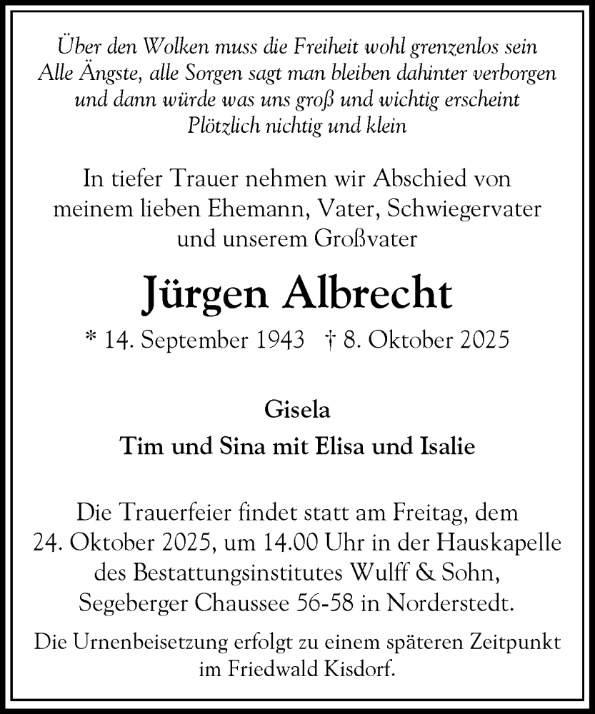  Traueranzeige für Jürgen Albrecht vom 18.10.2025 aus Heimatspiegel