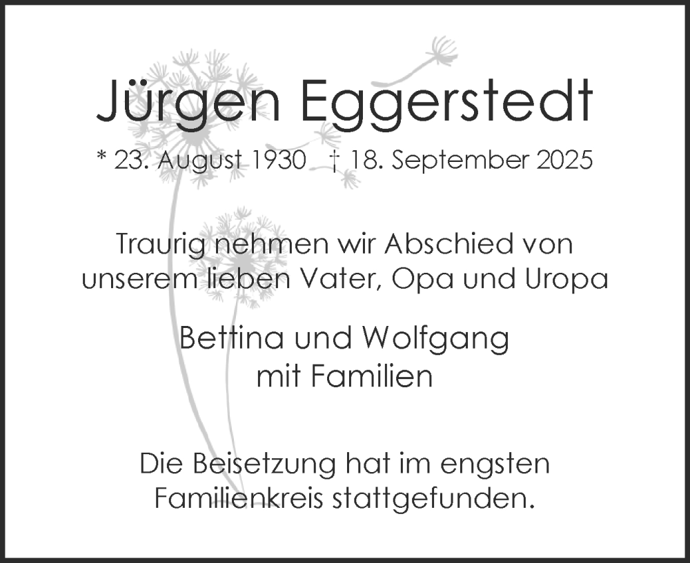  Traueranzeige für Jürgen Eggerstedt vom 11.10.2025 aus Region Pinneberg und tip Pinneberg
