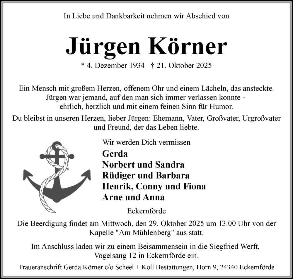  Traueranzeige für Jürgen Körner vom 25.10.2025 aus Eckernförder Zeitung