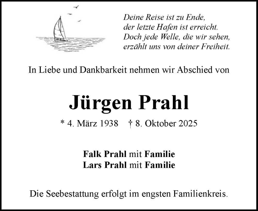  Traueranzeige für Jürgen Prahl vom 25.10.2025 aus Flensburger Tageblatt