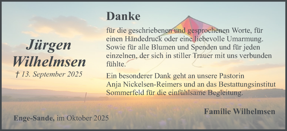  Traueranzeige für Jürgen Wilhelmsen vom 17.10.2025 aus Husumer Nachrichten, Nordfriesland Tageblatt