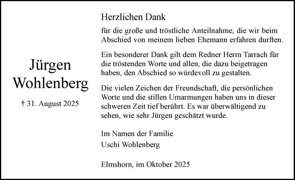 Traueranzeige für Jürgen Wohlenberg vom 04.10.2025 aus Elmshorner Nachrichten, Barmstedter Zeitung