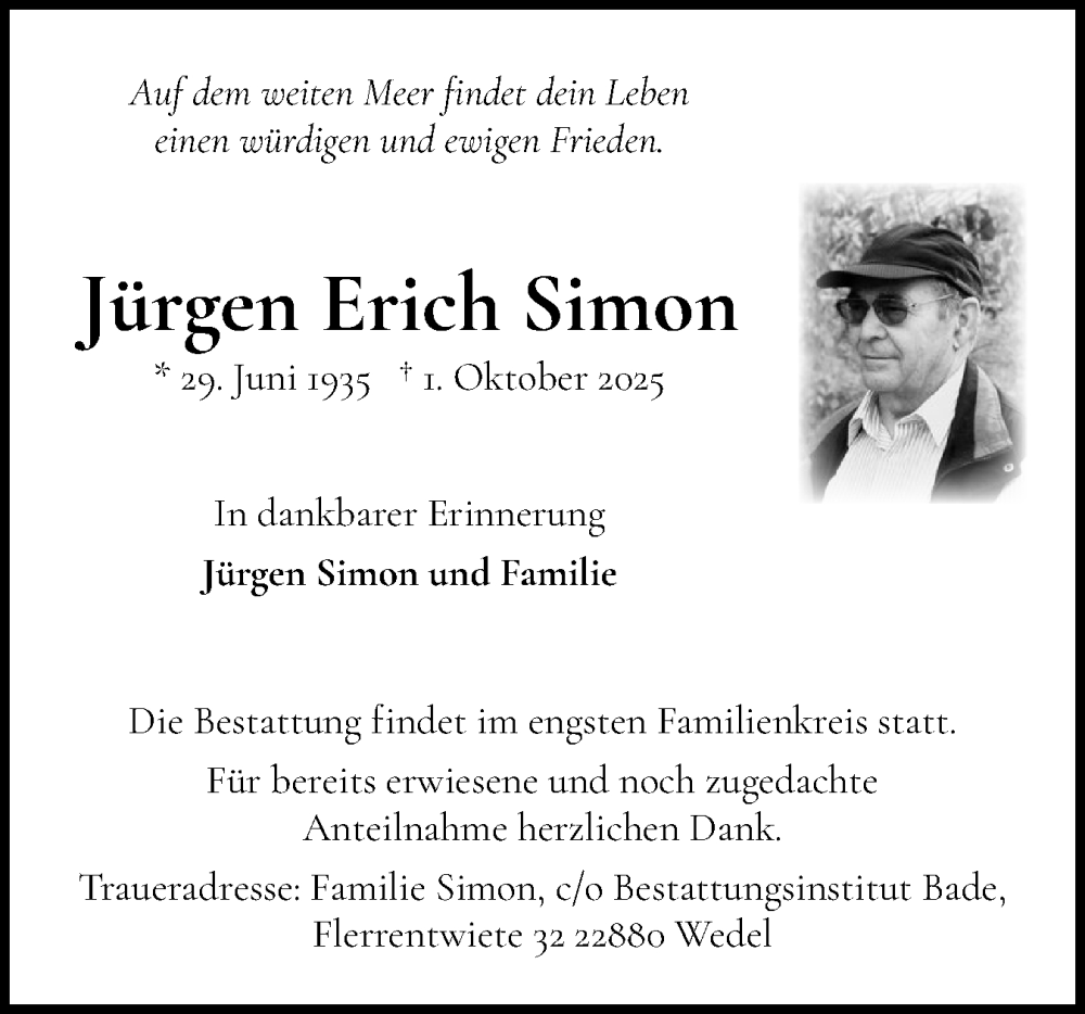 Traueranzeige für Jürgen Erich Simon vom 18.10.2025 aus Wedel-Schulauer Tageblatt, tip Wedel-Schulauer Tageblatt, tip Rissener Rundschau