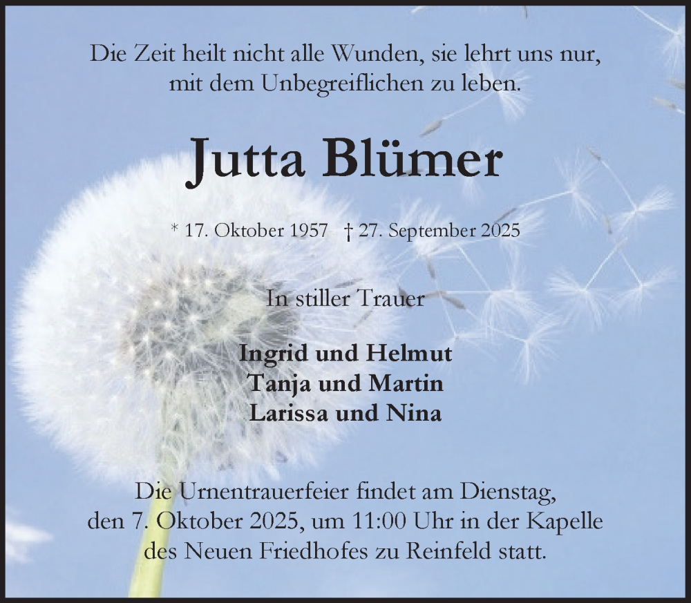  Traueranzeige für Jutta Blümer vom 04.10.2025 aus MARKT Bad Oldesloe/Reinfeld und Stormarner Tageblatt