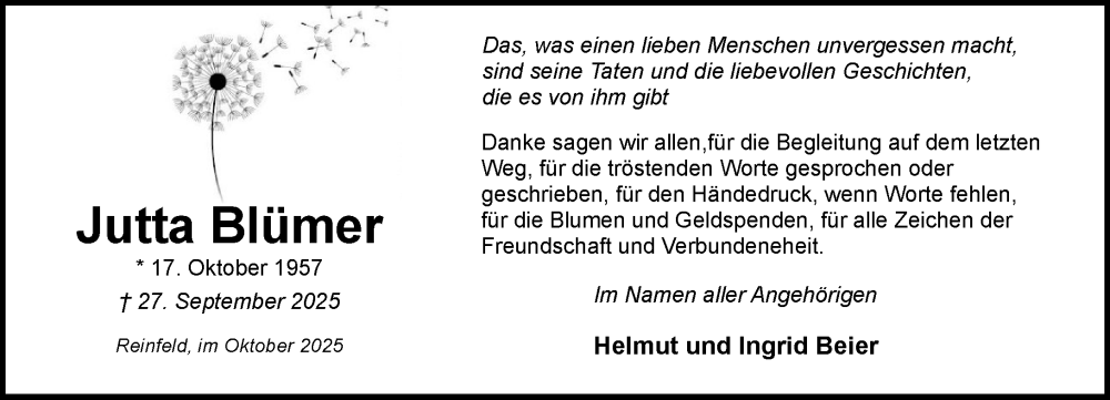  Traueranzeige für Jutta Blümer vom 25.10.2025 aus MARKT Bad Oldesloe/Reinfeld und Stormarner Tageblatt