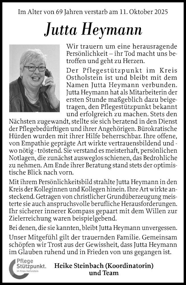  Traueranzeige für Jutta Heymann vom 25.10.2025 aus Ostholsteiner Anzeiger