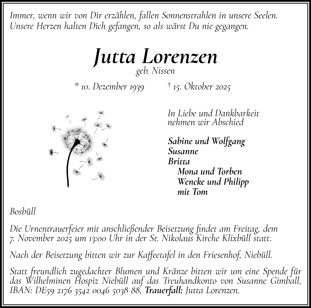  Traueranzeige für Jutta Lorenzen vom 25.10.2025 aus Husumer Nachrichten, Nordfriesland Tageblatt