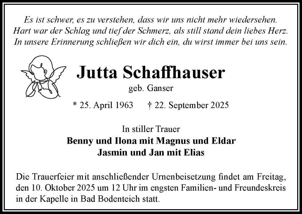  Traueranzeige für Jutta Schaffhauser vom 04.10.2025 aus Wochenend Anzeiger