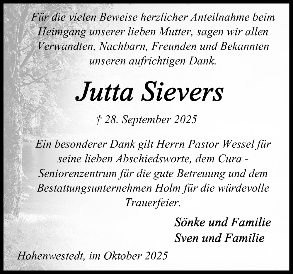  Traueranzeige für Jutta Sievers vom 25.10.2025 aus Schleswig-Holsteinische Landeszeitung