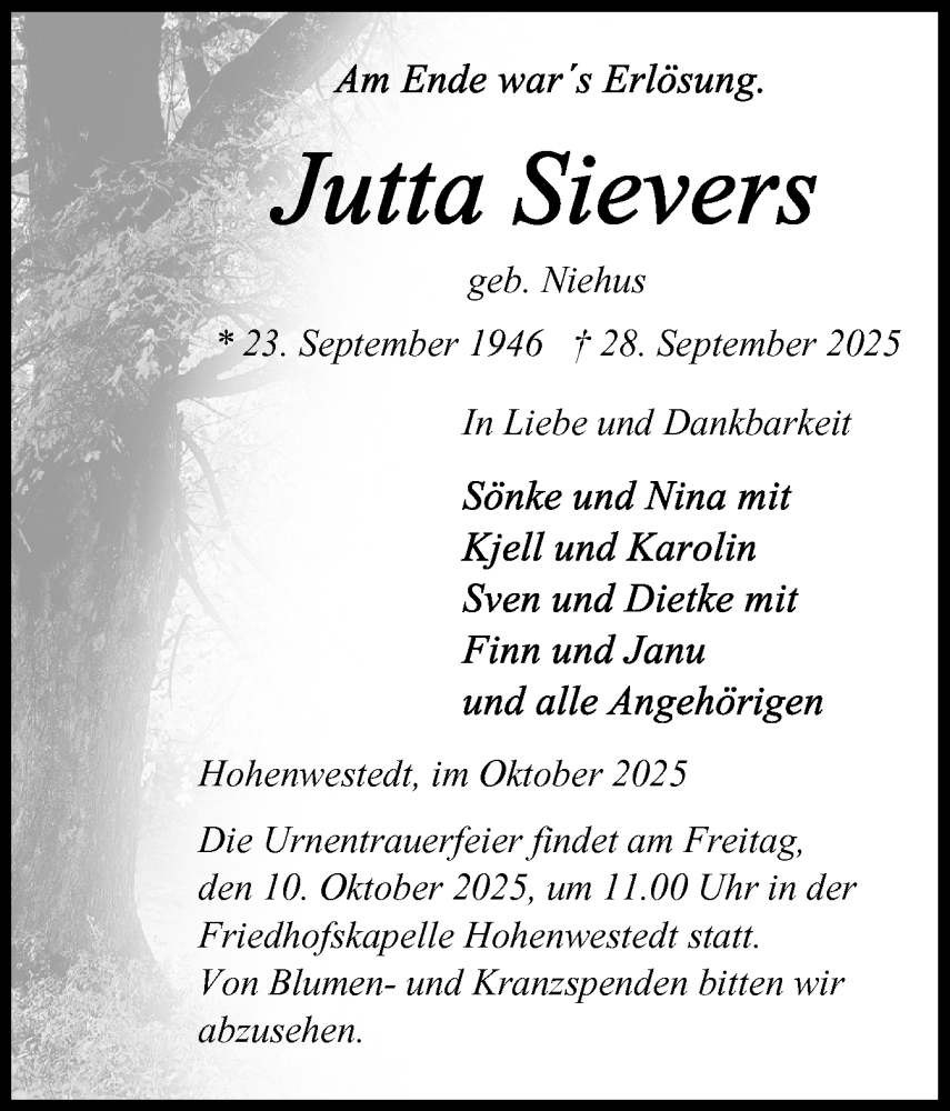  Traueranzeige für Jutta Sievers vom 07.10.2025 aus Schleswig-Holsteinische Landeszeitung