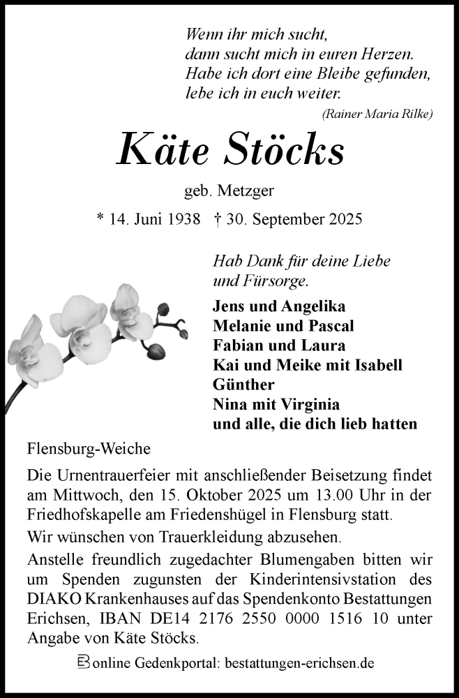  Traueranzeige für Käte Stöcks vom 11.10.2025 aus Flensburger Tageblatt