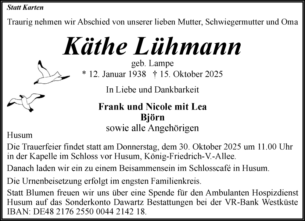 Traueranzeige für Käthe Lühmann vom 25.10.2025 aus Husumer Nachrichten, Nordfriesland Tageblatt