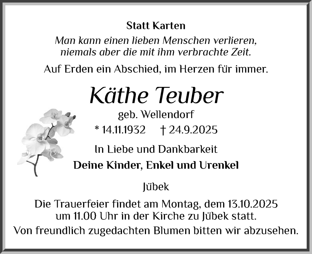  Traueranzeige für Käthe Teuber vom 04.10.2025 aus Schleswiger Nachrichten, Schlei-Bote