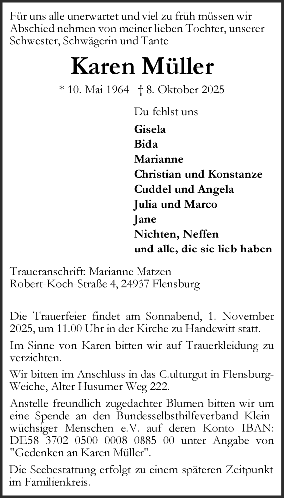  Traueranzeige für Karen Müller vom 18.10.2025 aus Flensburger Tageblatt