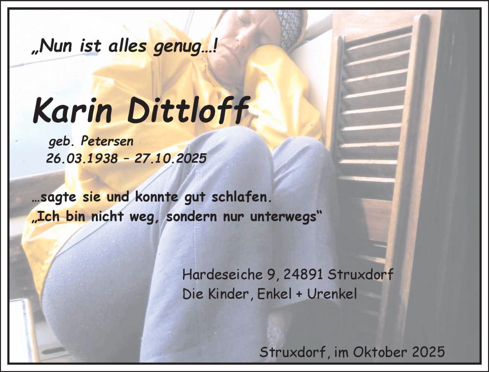  Traueranzeige für Karin Dittloff vom 01.11.2025 aus Schleswiger Nachrichten, Schlei-Bote