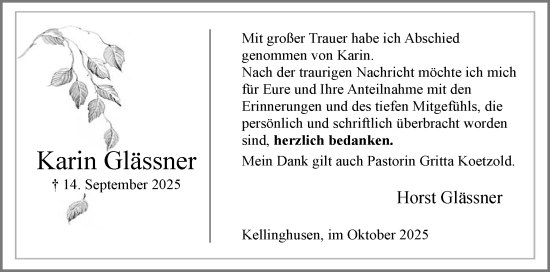 Traueranzeige von Karin Glässner von Norddeutsche Rundschau, Wilstersche Zeitung, Glückstädter Fortuna