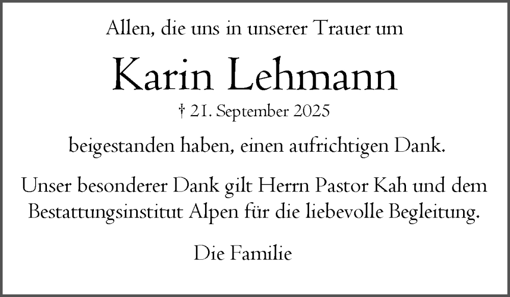  Traueranzeige für Karin Lehmann vom 18.10.2025 aus Norddeutsche Rundschau, Wilstersche Zeitung, Glückstädter Fortuna