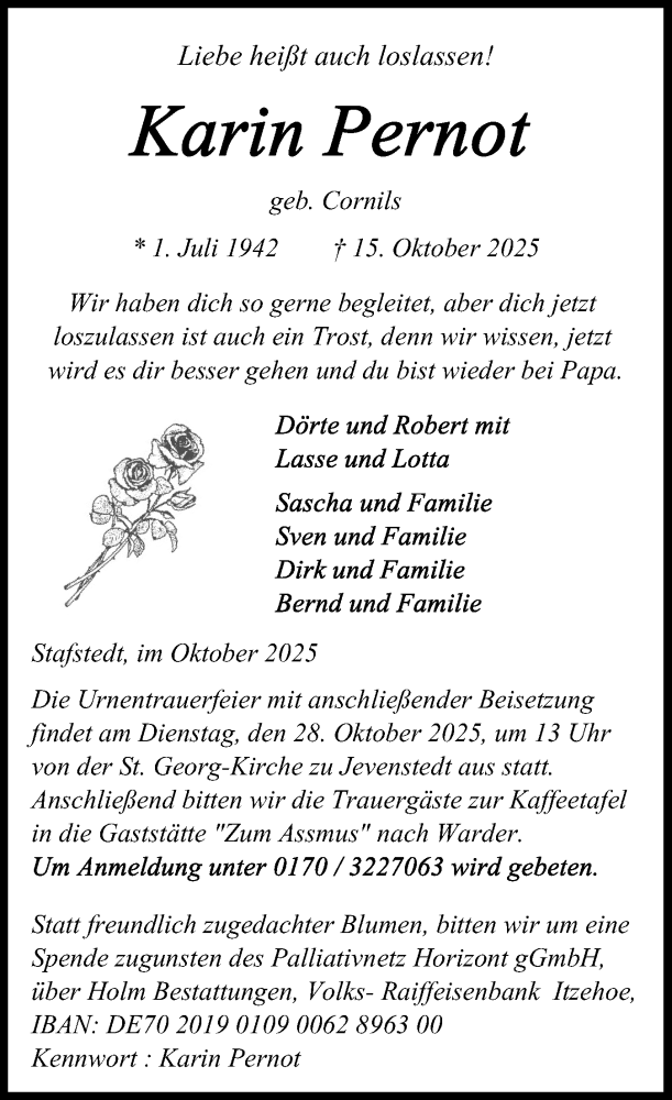 Traueranzeige für Karin Pernot vom 18.10.2025 aus Schleswig-Holsteinische Landeszeitung