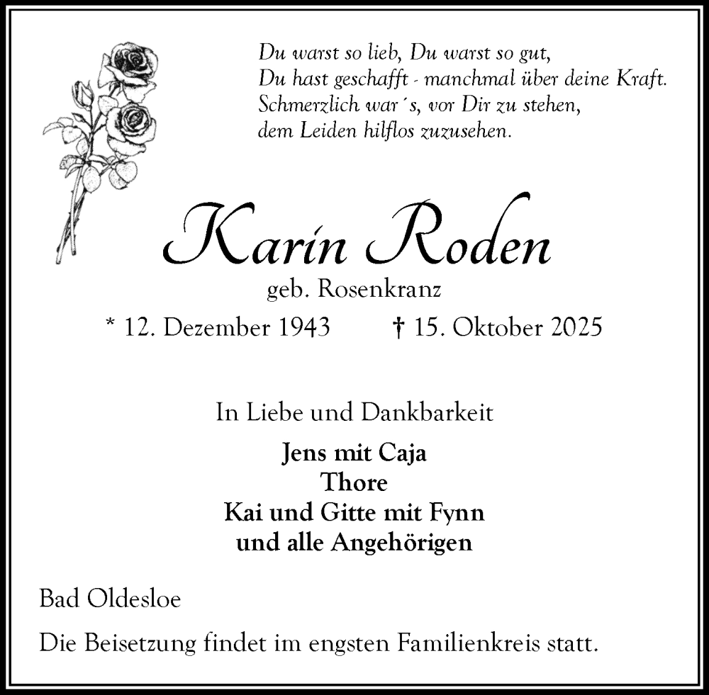  Traueranzeige für Karin Roden vom 01.11.2025 aus MARKT Bad Oldesloe/Reinfeld und Stormarner Tageblatt