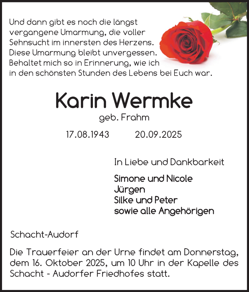  Traueranzeige für Karin Wermke vom 11.10.2025 aus Schleswig-Holsteinische Landeszeitung