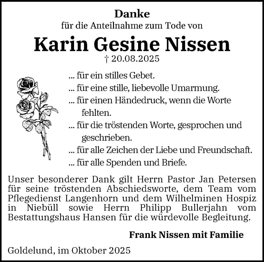  Traueranzeige für Karin Gesine Nissen vom 25.10.2025 aus Region Flensburg
