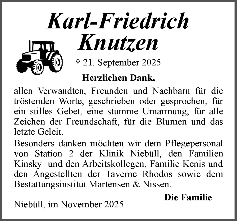 Traueranzeige für Karl-Friedrich Knutzen vom 01.11.2025 aus Husumer Nachrichten, Nordfriesland Tageblatt