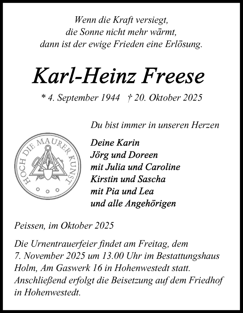  Traueranzeige für Karl-Heinz Freese vom 01.11.2025 aus Norddeutsche Rundschau, Wilstersche Zeitung, Glückstädter Fortuna