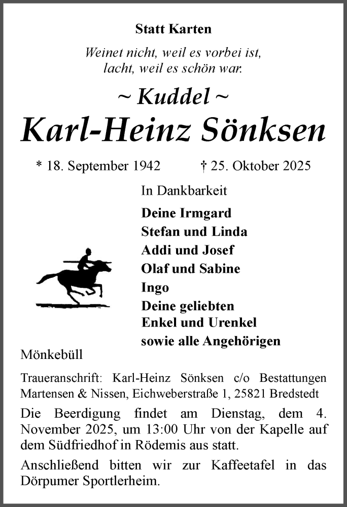  Traueranzeige für Karl-Heinz Sönksen vom 29.10.2025 aus Region Flensburg