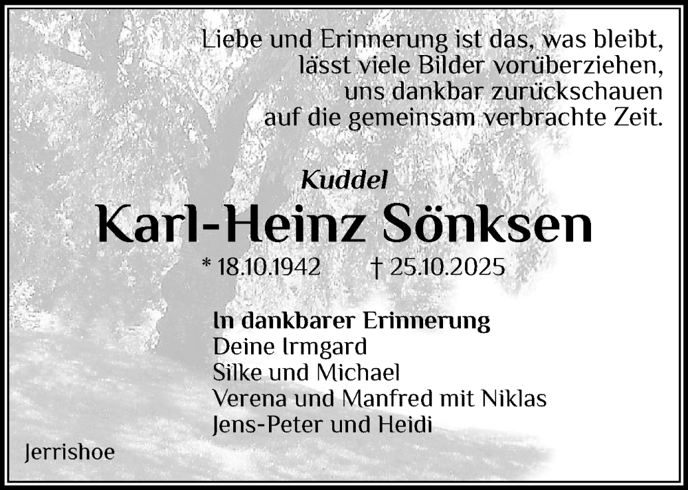  Traueranzeige für Karl-Heinz Sönksen vom 30.10.2025 aus Flensburger Tageblatt