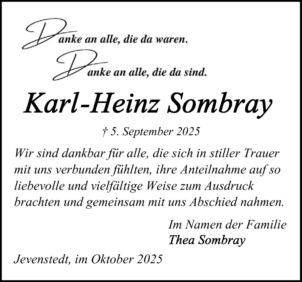  Traueranzeige für Karl-Heinz Sombray vom 04.10.2025 aus Schleswig-Holsteinische Landeszeitung