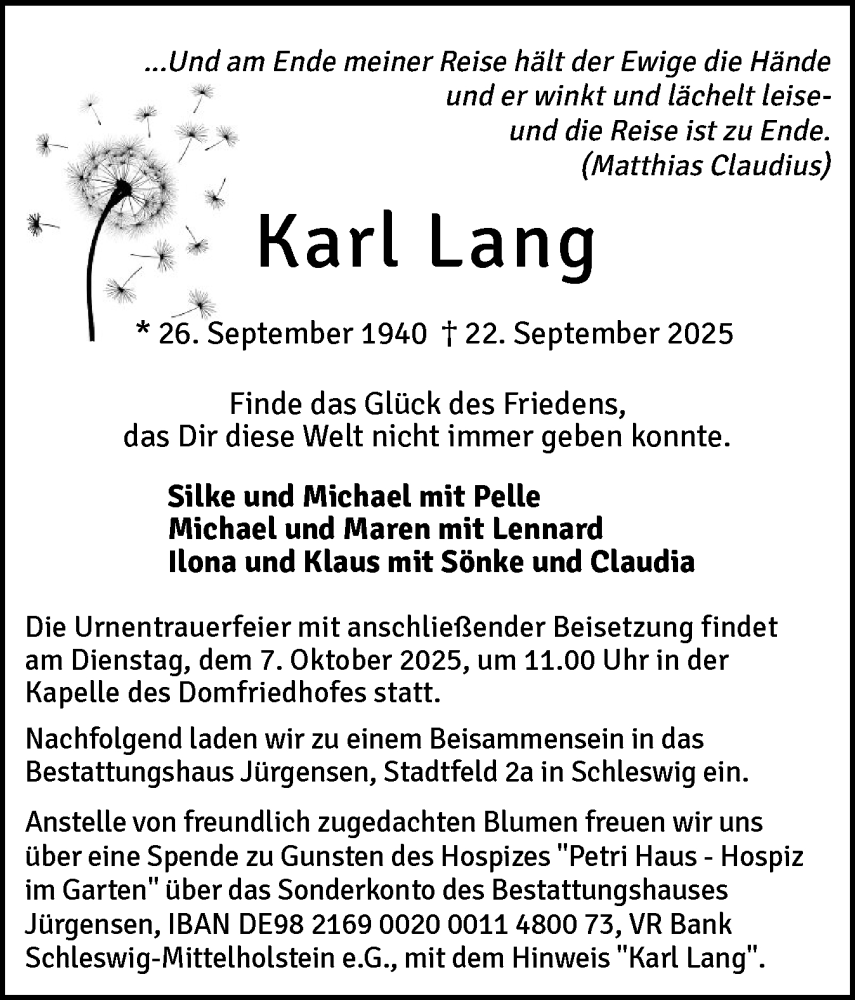  Traueranzeige für Karl Lang vom 04.10.2025 aus Schleswiger Nachrichten, Schlei-Bote