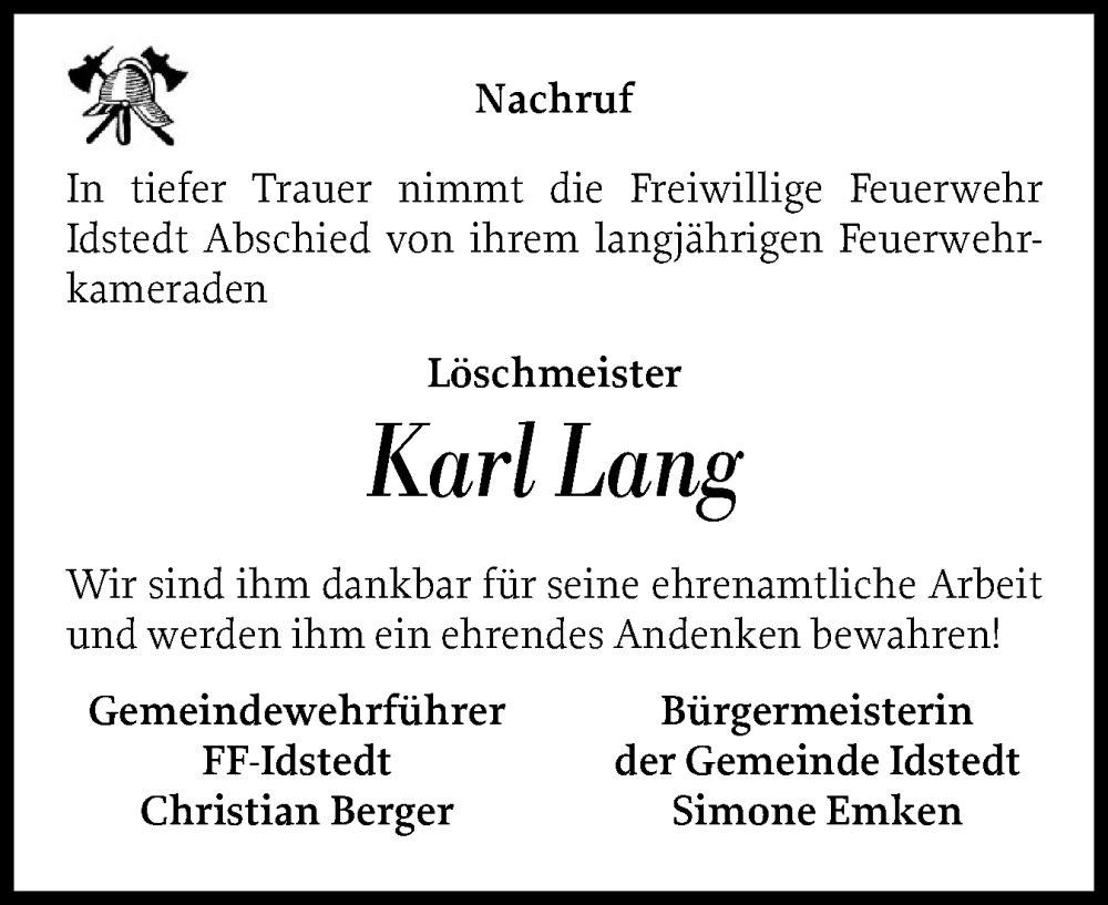  Traueranzeige für Karl Lang vom 14.10.2025 aus Schleswigholsteiner Zeitung Trauer