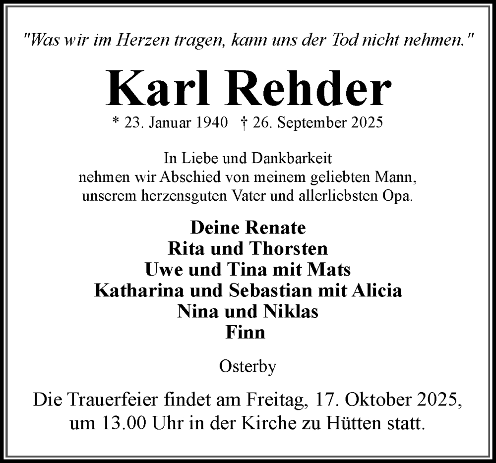  Traueranzeige für Karl Rehder vom 11.10.2025 aus Eckernförder Zeitung, Hallo Eckernförde