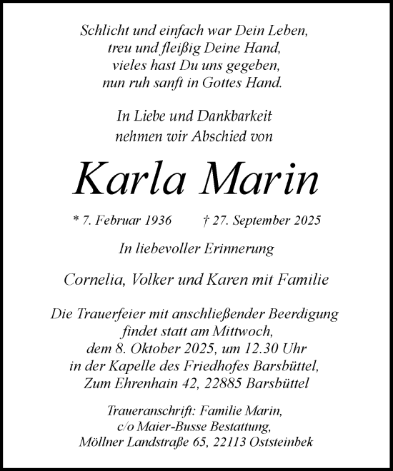 Traueranzeige von Karla Marin von MARKT Glinde/Reinbek
