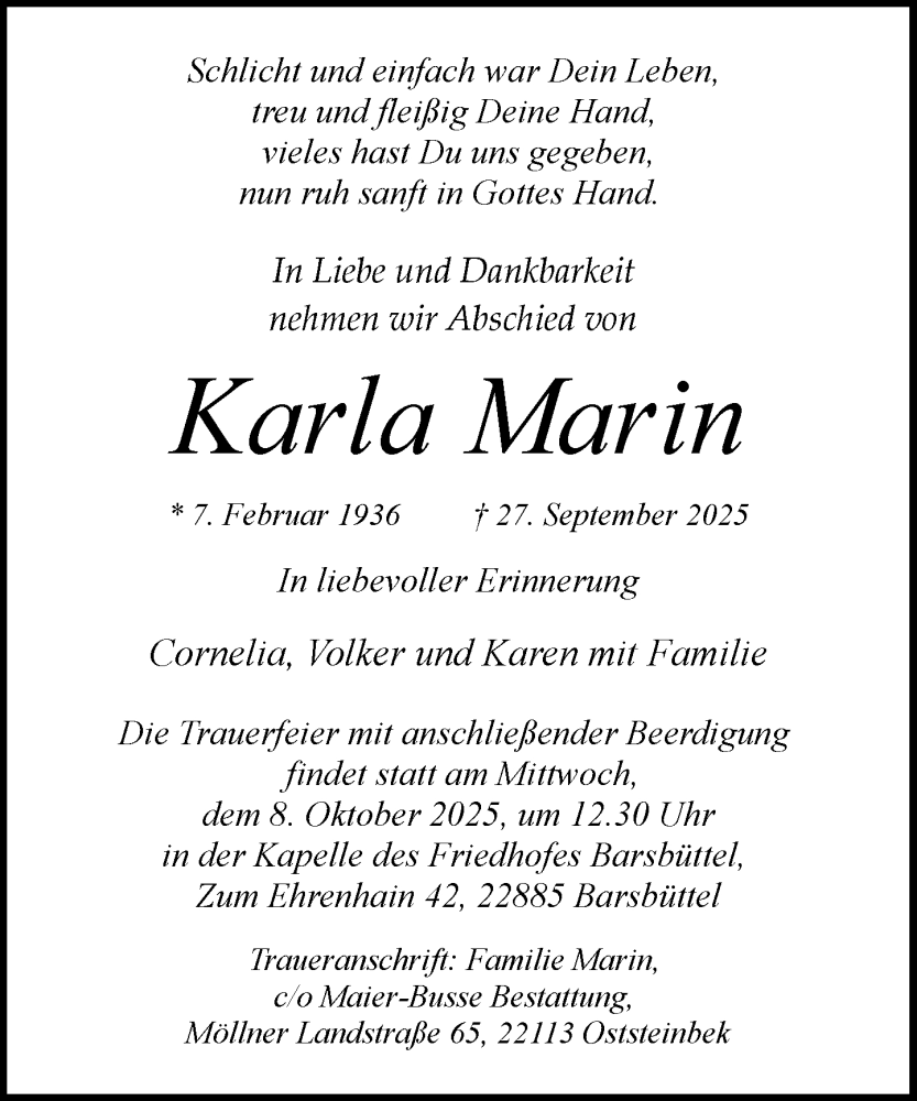  Traueranzeige für Karla Marin vom 04.10.2025 aus MARKT Glinde/Reinbek