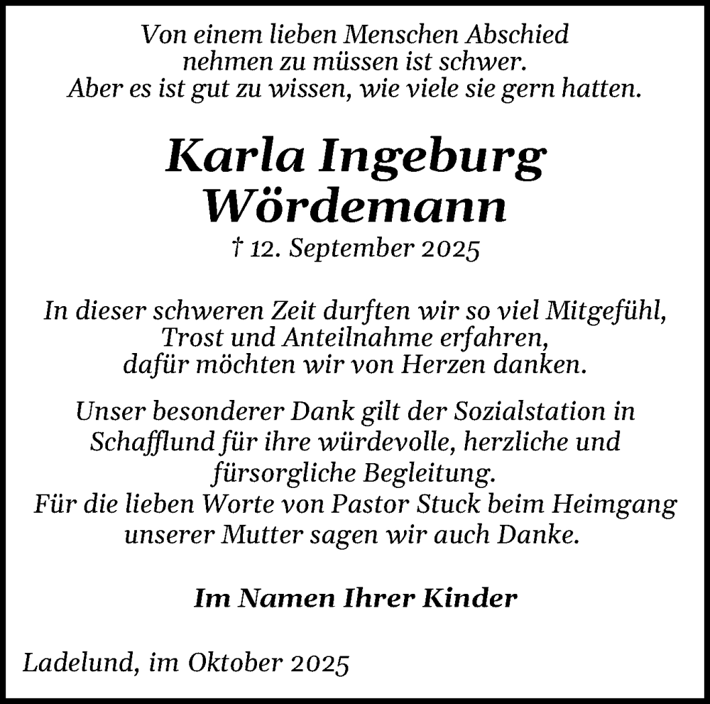  Traueranzeige für Karla Ingeburg Wördemann vom 17.10.2025 aus Region Flensburg
